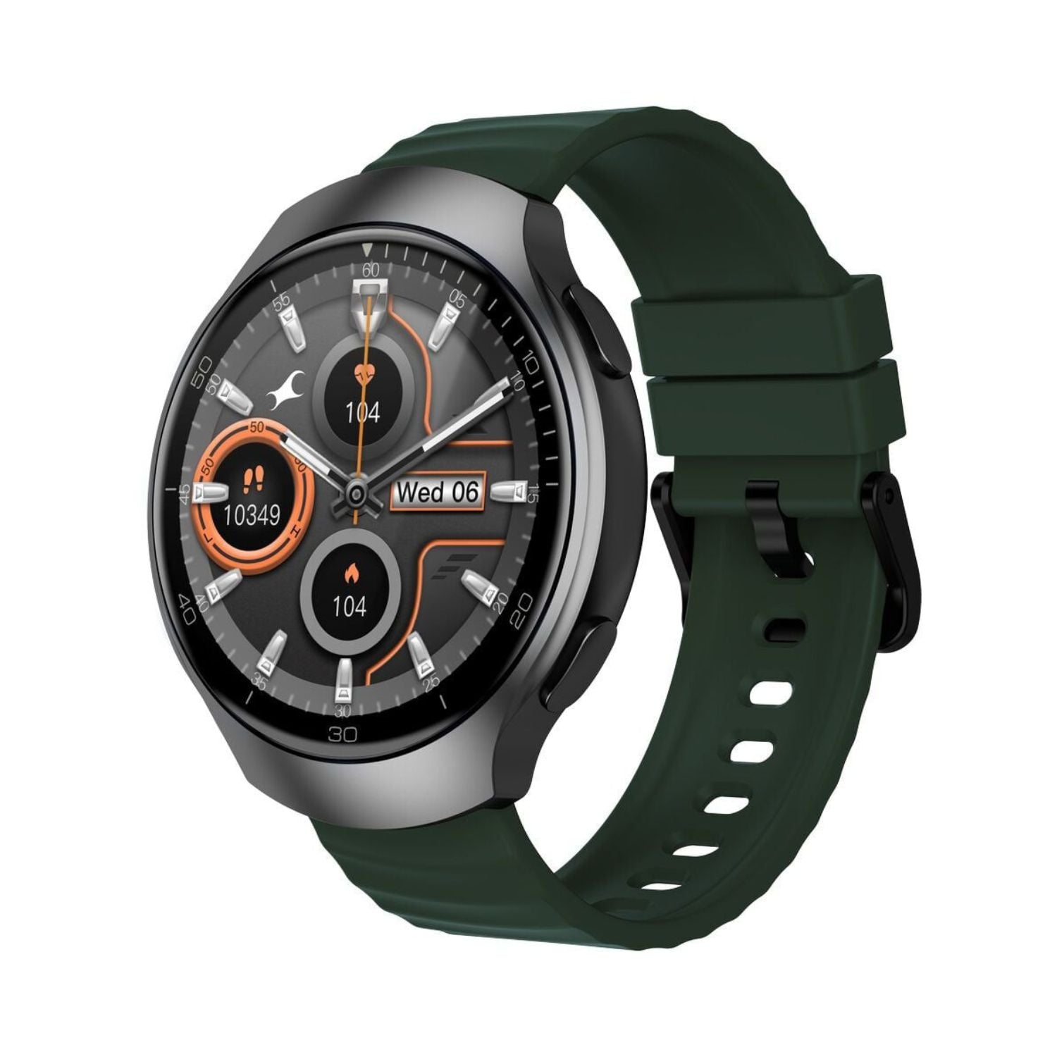 Green silicone-strap round smartwatch with fitness screen and dark bezel.
